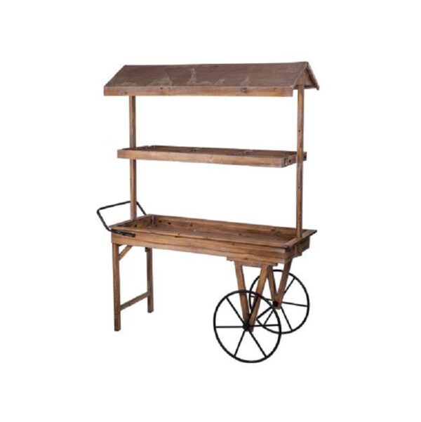Location chariot champêtre en bois candy bar + roues métal noir